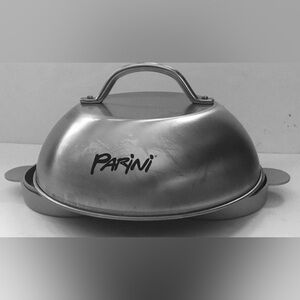 Double burger grilling press and cheese melting dome set. Parini